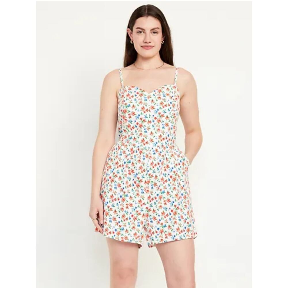 Old Navy Red, White, & Blue Cami Romper Sweetheart Neckline Floral Print XS - Picture 2 of 11